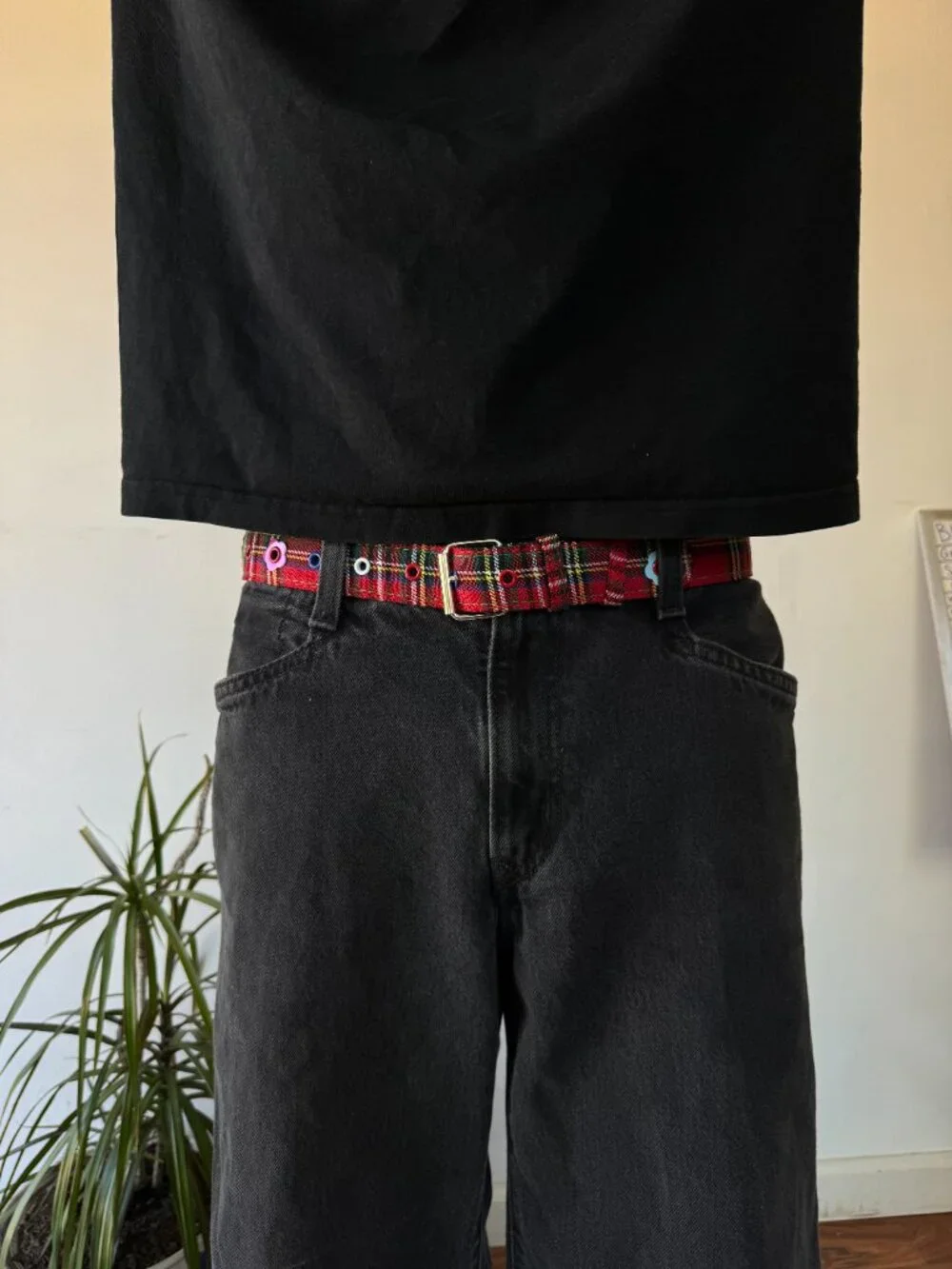 Red Plaid Floral Embroidered Eyelet Belt